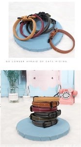 Detail of adjustable PU leather pet collars in six colors with black metal buckles and stitching