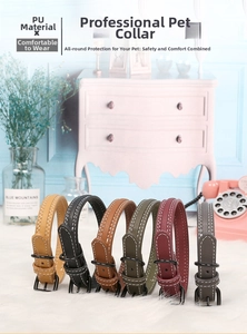 Adjustable PU leather pet collars in six colors with contrast stitching and metal buckles