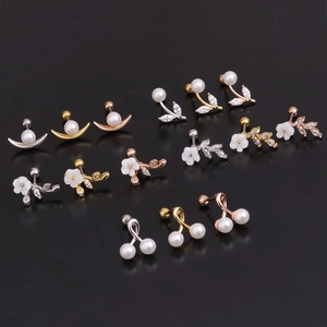 Stainless Steel Ear Cartilage Piercing Stud Earring With Copper Inlaid Artificial Pearl And Zircon Flower Leaf Moon Style