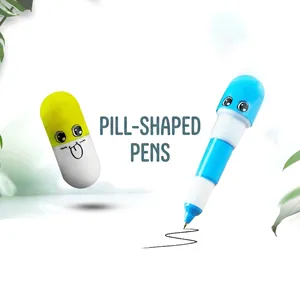 Retractable pill-shaped ballpoint pens with cute expressions in blue and yellow colors