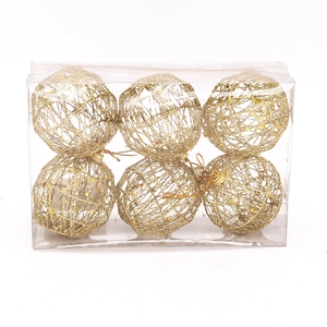 Detail of 6-piece set of gold hollow wire Christmas tree balls in a clear display box