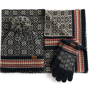 Winter knit set with navy blue pompom hat, long scarf, and gloves in Nordic jacquard style
