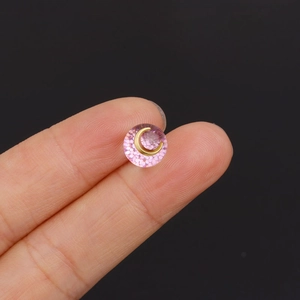 Mini stainless steel stud earring with pink glitter resin and golden crescent moon charm