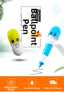 Detailed view showing yellow and blue pill-shaped retractable ballpoint pens with emoji faces