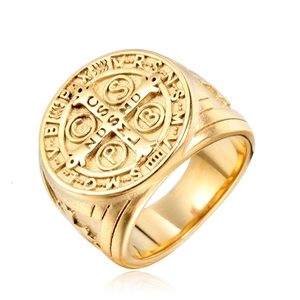 Vintage golden Saint Benedict Medal signet ring with engraved religious cross and latin text