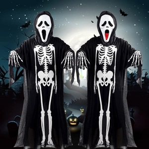 Detailed view of Scream Ghostface mask and skeleton printed black hooded robe costume