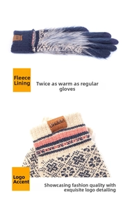 Detailed macro view of winter knitted gloves featuring fleece lining and faux fur trim finish