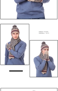Detailed view of beige winter knit set with red stripes and Nordic patterns