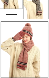 Winter knitted set detail with red and pink striped scarf, hat with pom-pom and gloves