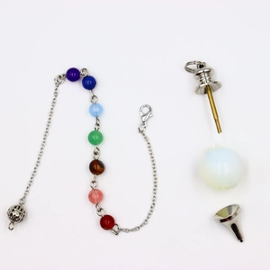7 Chakra stone dowsing pendulum with hollow metal cage pendant and refill kit