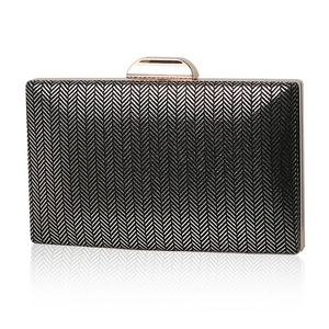 Elegant black and silver evening clutch bag with metal frame and rectangular hard shell