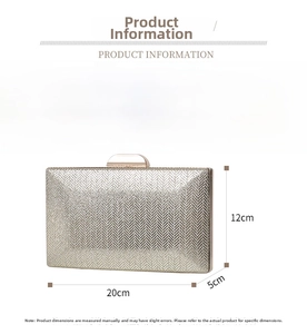 Detailed size chart of champagne gold PU evening clutch showing 20cm x 12cm x 5cm dimensions