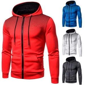 Detail of men's hooded jacket featuring gradient dot print and full zipper closure