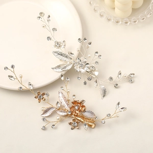 Handmade Flower Leaf Hair Clip With Rhinestone Faux Artificial Pearl Zinc Alloy Bridal Wedding Side Clip Headpiece Accessories For Women Girls