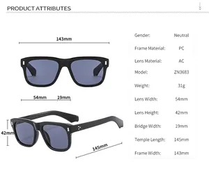 Detailed size chart for unisex square sunglasses showing dimensions and PC frame specs
