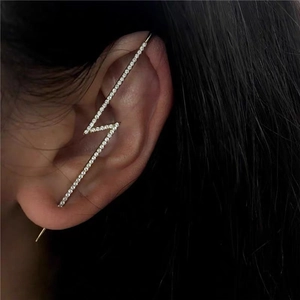 Modern gold lightning bolt ear climber earrings with sparkling white zircons for women