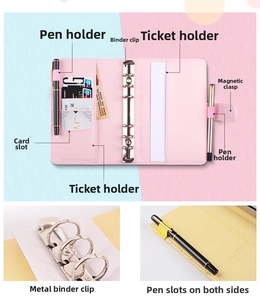Detail view of pink PU leather binder notebook with dual pen loops and card slots
