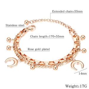 Detail of rose gold plated stainless steel double-layer chain with 14mm moon charm