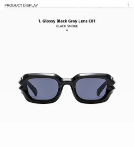 Detail view of stylish punk black rectangle sunglasses with dark gray smoke lenses