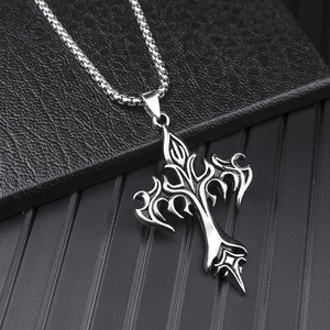 Men's stainless steel necklace featuring a stylized silver flame cross pendant design