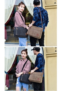 Outdoor shot of men and women wearing large canvas messenger bags in black and khaki
