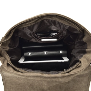 Brown canvas messenger bag with large capacity interior compartments for tablets