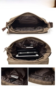 Internal layout of brown canvas messenger bag showing phone pocket and zipper compartment