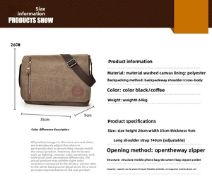 Detailed size specifications for the vintage canvas messenger bag showing dimensions