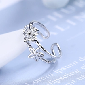 Silver S925 adjustable open ring featuring dual layer zircon flower and hollow petals