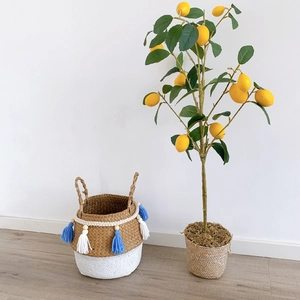 Bohemian woven basket with white blue tassels and artificial lemon tree home decor