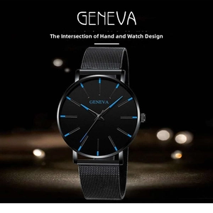 Detail of Geneva minimalist watch with black mesh strap and blue accents on night background