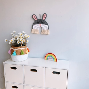 Handmade woven rabbit wall hanging with tassels for bohemian style nursery decor