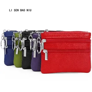 Genuine Cowhide Leather Coin Purse Multi Zipper Card Holder Key Case Pouch Lychee Pattern Unisex Small Wallet For Daily Use