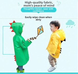 Detail of dinosaur raincoats for kids with 3D fins and wide transparent brims