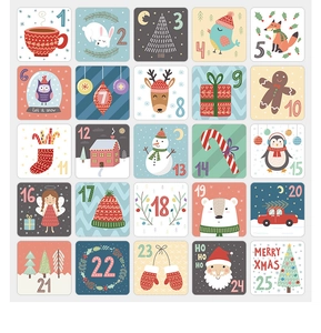 Detailed view of 25 Christmas advent calendar stickers with numbered festive illustrations