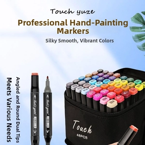 Detailed view of dual-tip markers with fine and broad nibs in a 48-color professional set