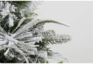 Macro shot of snow-flocked pine needles on a miniature Christmas tree branch