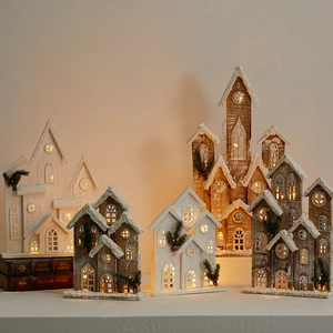 White and natural wooden LED Christmas house ornaments with warm glowing lights