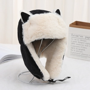 Detail view of cat ear plush trapper hat with warm faux rabbit fur and adjustable buckle