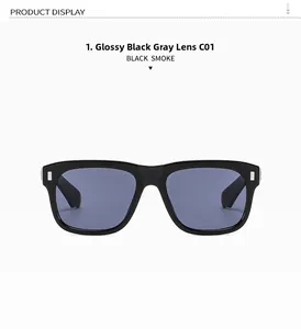 Glossy black square sunglasses with smoke grey lenses and silver metal temple accents