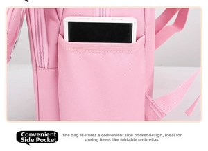 Close-up of pink backpack side pocket with a portable power bank inside