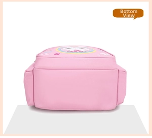 Detailed bottom view of pink ergonomic school backpack showing durable wide base