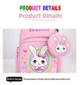 Detail of cute rabbit pattern and floral print on pink elementary school backpack