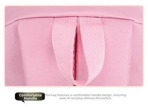 Close-up of the reinforced thick top handle on a pink ergonomic school backpack