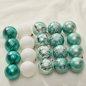 20pcs set of teal and white Christmas baubles with varied textures and silver hooks