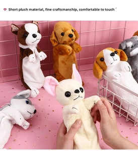 Detail of plush dog pencil case showing soft fabric texture and fine stitching craft