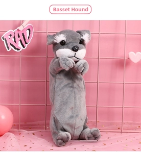 Close-up of cute plush schnauzer pencil case with detailed grey and white faux fur texture