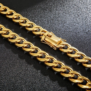 Polished gold stainless steel Cuban link necklace for men with secure square box clasp