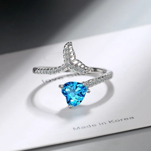 Korean Style Copper Blue Heart Rhinestone Fishtail Open Ring For Women Elegant Inlaid Adjustable Fashion Finger Ring Jewelry