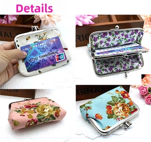 Detail view of double-layer floral canvas coin purse with vintage kiss-lock closure